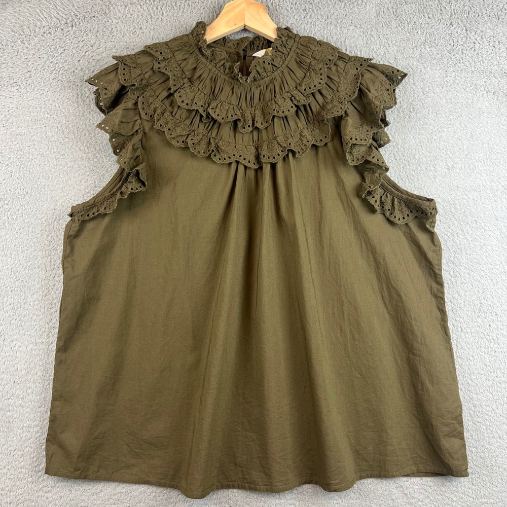 Boden Olive Green Eyelet Ruffle High Neck Sleeveless Cotton Blouse Top - Picture 3 of 12